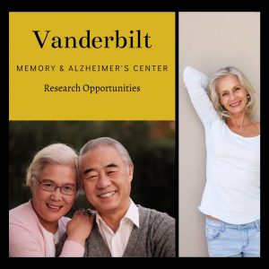 Black and gold image with two pics of older adults, one older adult along the right side of image and two older adults at the bottom left. Top left of image is a gold rectangle with the words "Vanderbilt Memory and Alzheimer's Center Research Opportunities"