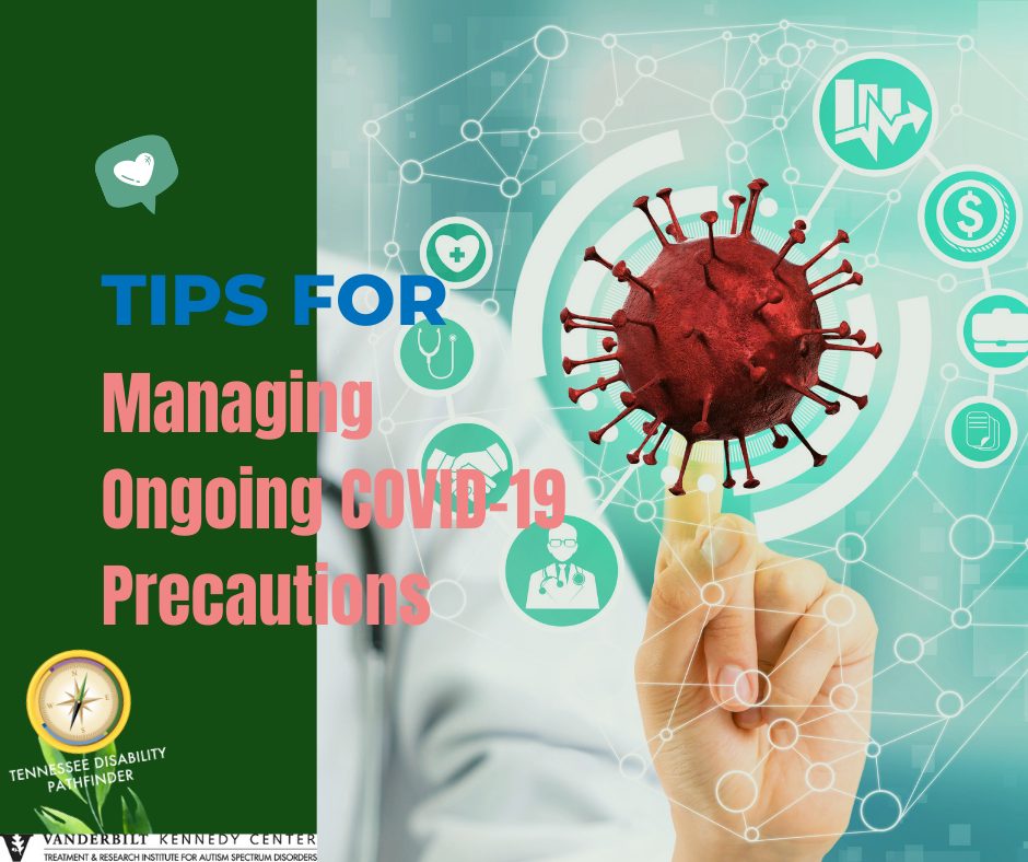 Image with abstract art on right surrounding a human finger pointing towards a model of COVID-19 with text Tips for Managing Oncgoing COVID-19 Precautions," center of image. Left side of image has a dark green color block, a heart in a quote box is above text and below is a flower leaf with the Pathfinder logo as its head and the VKC TRIAD logo is underneath.