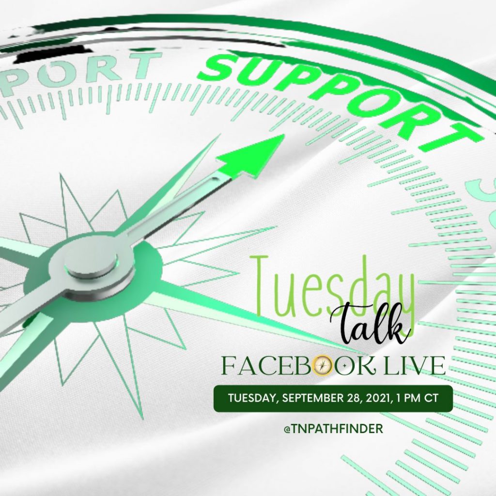 Tuesday Talk image with compass that says "support" and text"TuesdayTalk Facebook Live. 
