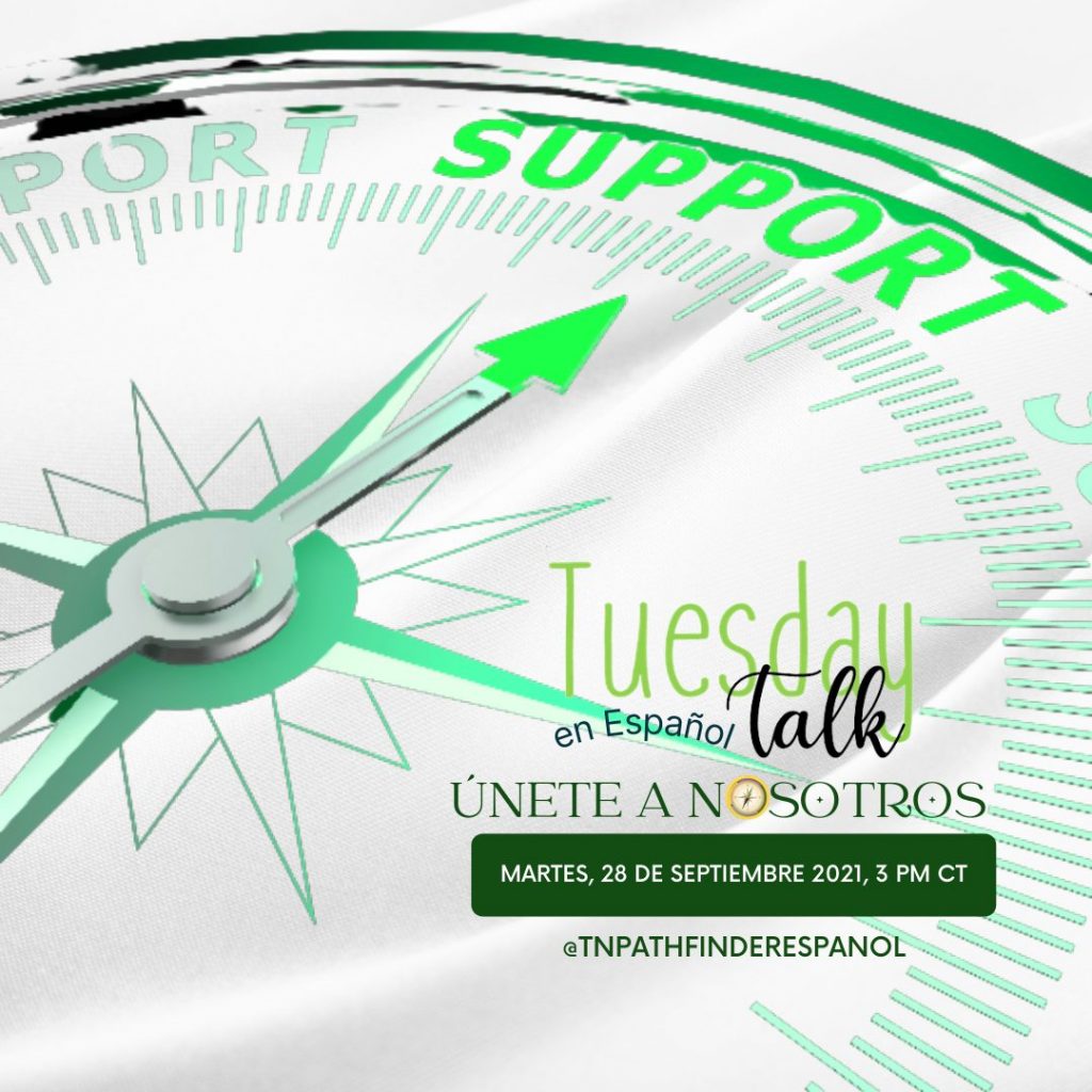 Tuesday Talk image with compass that says "support" and text"TuesdayTalk en Espanol Facebook Live. 