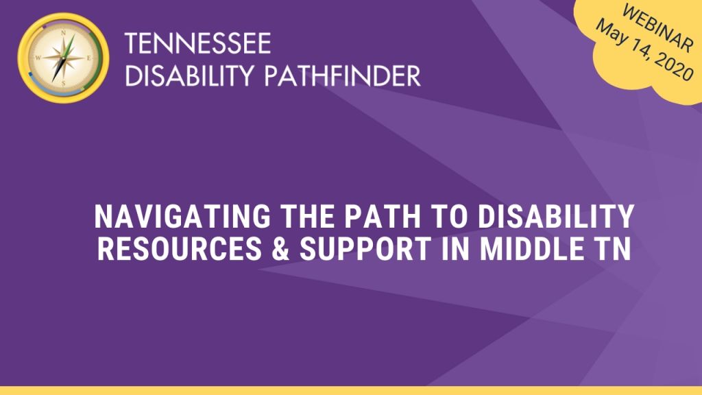 Purple and gold image with Pathfinder branding graphic and text "Navigating the Path to Disability Resources & Support in Middle TN
