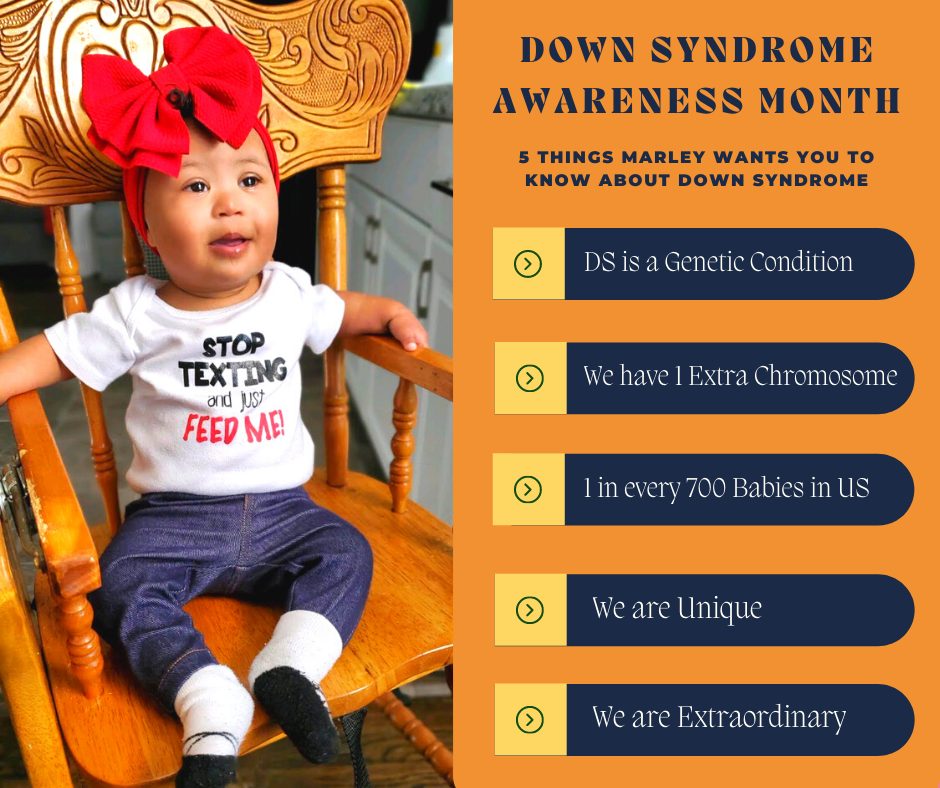 Orange, navy and yellow image with a pic of a baby wearing a big red bow. Text: "Down Syndrome Awareness Month 5 Things Marley Wants You to Know About Down Syndrome