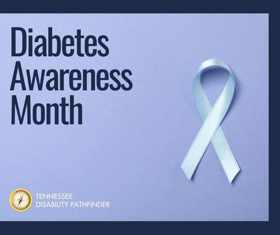 Image with blue background and blue ribbon with text "Diabetes Awareness Month." Pathfinder branded graphic at bottom.