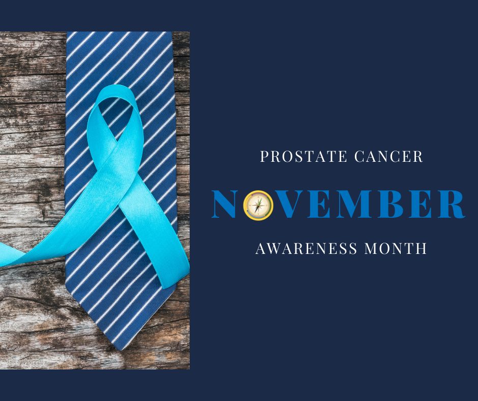 Blue image with a striped tie and blue ribbon with text "November Pancreatic Cancer Awareness Month"