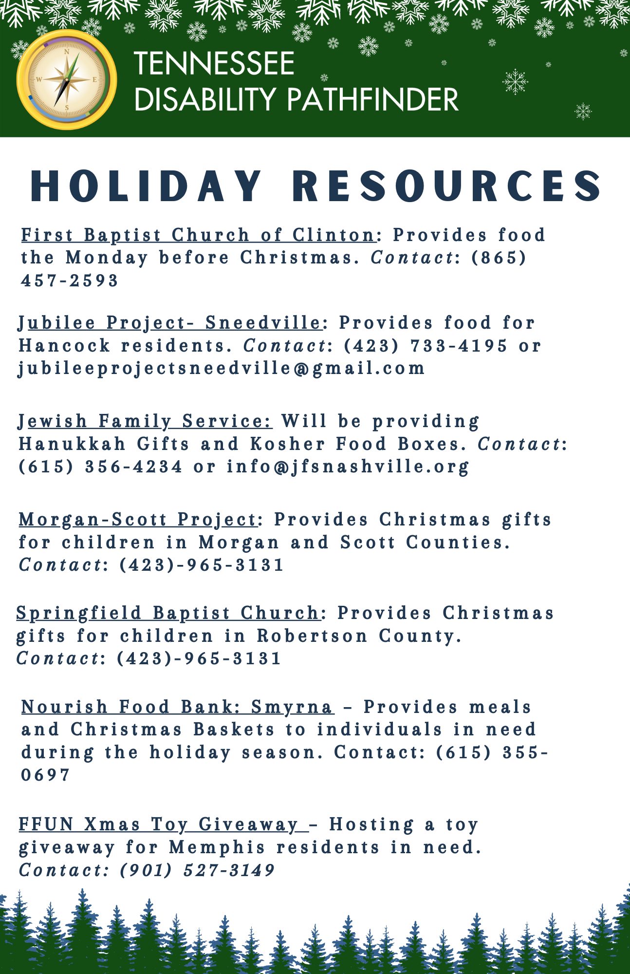 List of Holiday Resources. Pathfinder branded graphic at top of image amidst snowflakes. Green pine trees are at the bottom of image. 