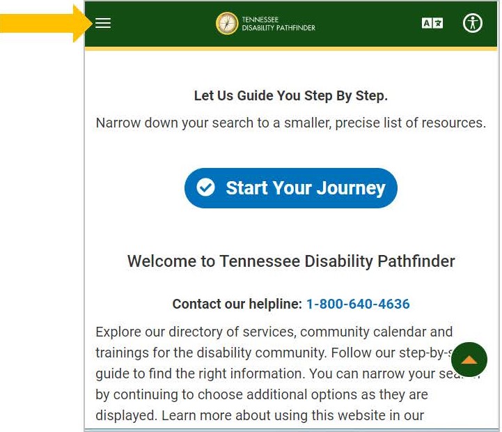Image of yellow arrow pointing to Pathfinder website view on mobile device. 