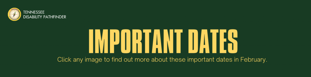 Dark Green banner with text "Important Dates Click any amige to find out more about these important dates in February." Pathfinder branded graphic is at the top right.