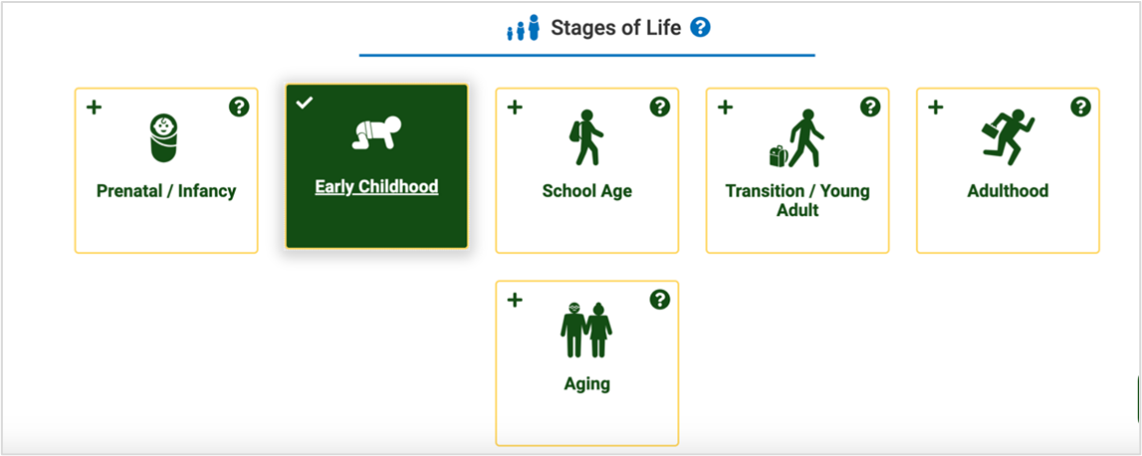 Stages of Life with early childhood highlighted in green