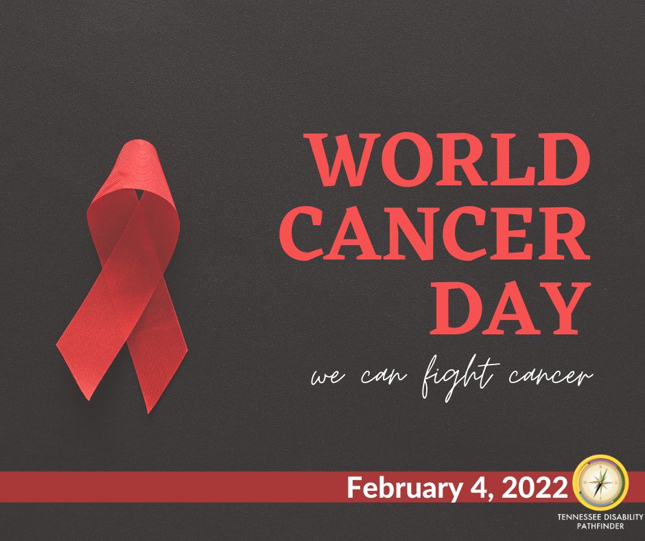 Red and brown image with a red ribbon to the left of image and text to the right "World Cancer Day We can fight cancer February 4, 2022." Pathfinder branded graphic is at the bottom right of image.