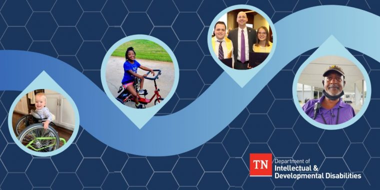 Blue background image with hexagon shapes across entire image. A light blue wavy line crosses l to r of image with 4 circle photos with points of different people. TN Department of Intellectua & Developmental Disabilities branded graphic at bottom right.