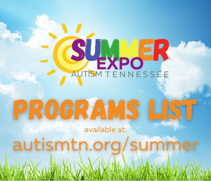 Colorful image with sky and grass background with text "Summer Expo Autism Tennessee Programs List available at autismtn.org/summer"