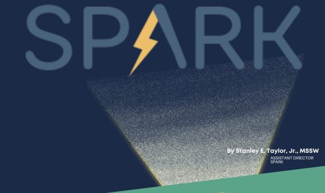 Green and blue background image with text "SPARK Agency Spotlight by Stanley E. Taylor,Jr., MSSW Assistant Director SPARK." A light beam is projecting from the bottom of the image to the SPARK branded graphic. Pathfinder's branded graphic is to the right of the word 'agency' and above the last three letters in 'spotlight.'