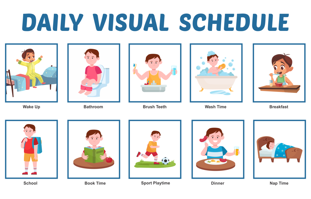 White background image with multiple vertical rectangles with cartoons of children doing activities. Blue text at the top of the image "DAILY VISUAL SCHEDULE." 