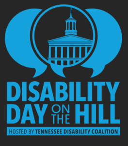 Image with a black background. A light blue drawing of a capitol building is inside a speech balloon. Text on the image is in blue: Disability Day On The Hill, hosted by Tennessee Disability Coalition."