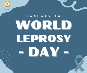 Blue background with a light grey and blue ribbon. Text on the image: "January 30. World Leprosy Day." Pathfinder's branded graphic is at the top left of the image.