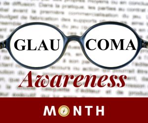 Image with a blurry background of text on a page. A pair of glasses is in front of the text with the words "GLAUCOMA" text under the glasses says, "AWARENESS MONTH" The Pathfinder compass is replacing the letter O in MONTH.
