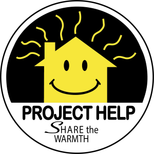 Image with a pixel background. There is a yellow house with a smiley face and yellow wavy lines on top of the house. Text on the image reads, "PROJECT HELP: SHARE THE WARMTH." A black circle surrounds the house and text.