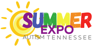 White background with a drawing of a yellow sun on the left. The text on the image is to the right of the sun in different rainbow colors and says, "SUMMER EXPO AUTISM TENNESSEE."