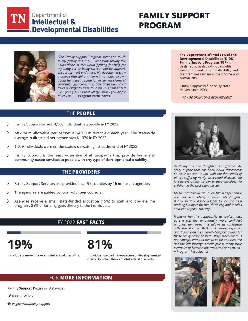 TN Department of Developmental Disabilities Family Support Program flier with detailed information about the program. 
