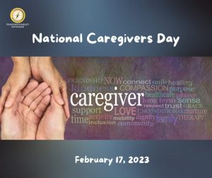 Lightly colored yet dark background image. Center of image is a colorful textured piece of art. On the left are two sets of hands, one in each other and on the right of that is different text words, but Caregiver is in large white letters.