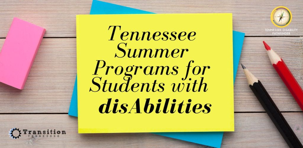 Natural wood table background with a blue and yellow sticky note pad center center of image, pink eraser on the left of pads, and a black pencil and red color pencil to the right of pads. Pathfinder's branded graphic is at the top rigt of image and Transition Tennessee's logo is on the bottom left.