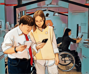 Cartoon image of two women and one man working at an office. The man is carrying a notepad and is looking at the phone of a woman with a yellow vest. There is another person in a wheelchair behind them. Animated text reads “Do what you can, with what you have, where you are”. Pathfinder compass is at the top right corner of the woman’s yellow vest.