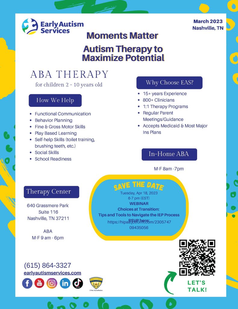 EAS program flier with text, "Moments Matter Autism Therapy to Maximize Potential." Details and a QR code are on the flier. 