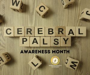 Wooden background with wooden cubes that have letters inscribed on them. The text at the center of the image is presented in wooden cubes and reads "Cerebral Palsy Awareness Month." Pathfinder's branded graphic is at the bottom right of the image.