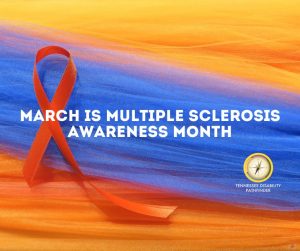 Orange, blue, and yellow background that is presented with silk. A red ribbon is at the front. Text on image "March is Multiple Sclerosis Awareness Month." Pathfinder's branded graphic is under the text to the right.