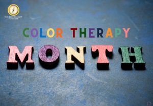 Blue and gray background. Text in different colors at the center of the image reads "COLOR THERAPY MONTH." Pathfinder's branded graphic is at the top left of the image.