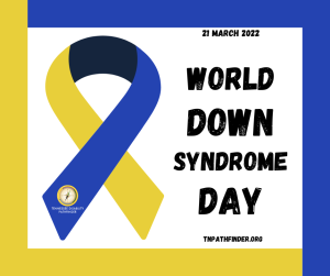 White background image with a blue and yellow frame. A half-yellow, half-blue ribbon is displayed to the left of the image inside the frame. Text to the right of the ribbon "21 MARCH 2022 WORLD DOWN SYNDROME DAY". Pathfinder's branded graphic is at the bottom left corner of the ribbon.