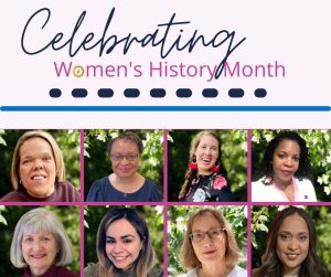 Light pink color background. Text in blue and pink at the top of the image reads "Celebrating Women's History Month" There is a grid with pictures of eight women from TNPathfinder under the text. Pathfinder compass is replacing the letter O in the word "Women's."