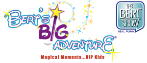 White and gray pixel background. At the front, there is colorful text in a curved font that reads "BERT'S BIG ADVENTURE" There is a purple magic wand with a yellow star at the top replacing the letter I in the word "BIG." THE BERT SHOW logo is at the top right corner of the image.