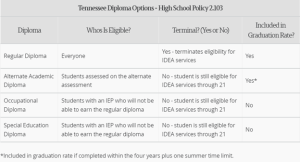 Grey and white table with information about Tennessee Diploma Options and High School Policy 2.103. There are four columns and seven rows in the table. The title for each column reads, "Diploma," "Who Is Eligible," "Terminal? (Yes or No)", and "Included in Graduation Rate?".