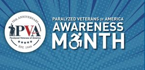Blue background with light blue dots and lines with different shades of blue. Text on the image is located to the right and says: "PARALYZED VETERANS OF AMERICA AWARENESS MONTH." The Paralyzed Veterans of America 75th ANNIVERSARY logo is to the left of the text.