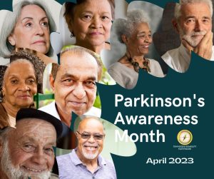 Image with pictures of eight older adults, four men, and four women. Text on the image is located in the bottom right and reads "Parkinson's Awareness Month April 2023." Pathfinder's branded graphic is located at the bottom right corner of the image.