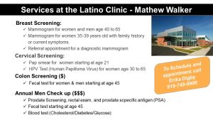 Informational Graphic about Services at the Mathew Walker Latin Clinic