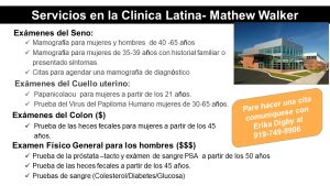 Informational Graphic in Spanish about Services at the Mathew Walker Latin Clinic