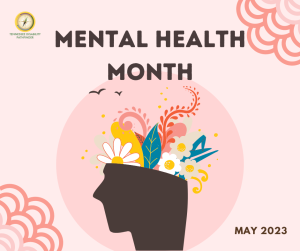 Light pink background image with a darker pink circle centered and a graphic with a brown colored head with flowers and shapes coming out of the top. Two black bird graphics are flying over the head. On the bottom left and top right of the image are peach and pink cloud shapes. Text on the image says, "MENTAL HEALTH MONTH MAY 2023." Pathfinder's branded graphic is on the top left of the image.