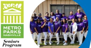 white background image with the right side edge of image in light blue color. On the left of the image is the Metro Parks Nashville logo. Underneath the logo is tex: "Senior Recreation Programs." On the right of the image is a circular picture of a group of people wearing blue t-shirts and white pants with white tennis shoes.