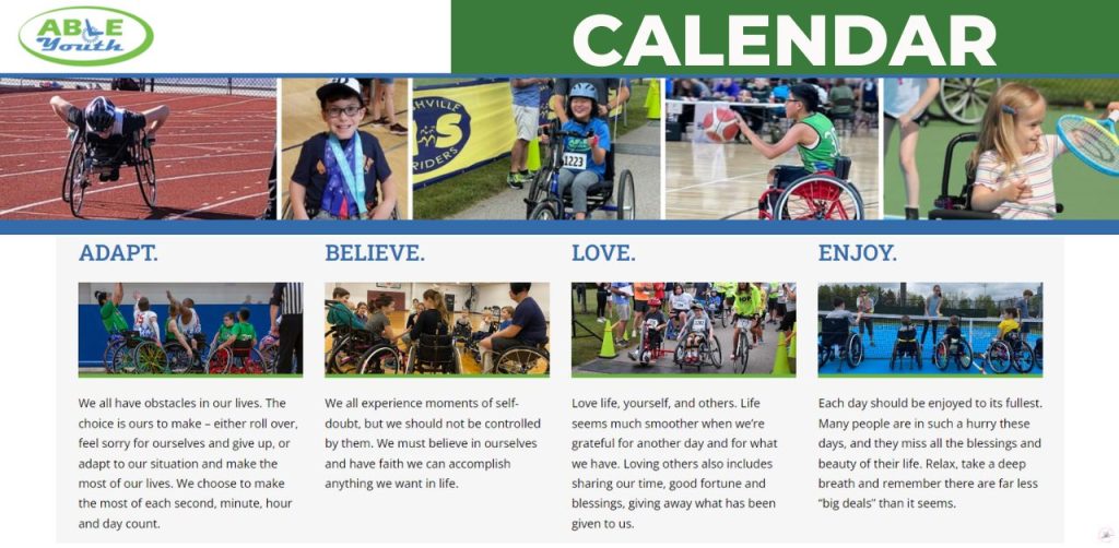Image of ABLE Youth webpages compiled with text about the program. On the top right of the image is in a green color block is text, "CALENDAR." 