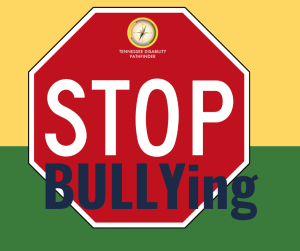 Yellow and green color block image. Center of image is a red stop sign with text on the image, "STOP BULLYing." Pathfinder's branded graphic is at the top of the stop sign.