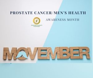 White and light blue diagnol color block background image. Text on top of image says, "PANCREATIC CANCER / MEN'S HEALTH AWARENESS MONTH." On the bottom of the image is a graphic of the word, "MOVEMBER." Center of the letter 'O' is a light blue mustache.