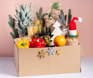 Image of a box full of Christmas goods.