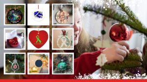 Image of a 9 box collage on the left with various disability awareness ornaments. Background image is of a little girl with Downs hanging ornaments on a tree.