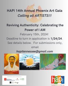 Grey background flyer image with information on HAPI's 14th Annual Pheonix Art Gala