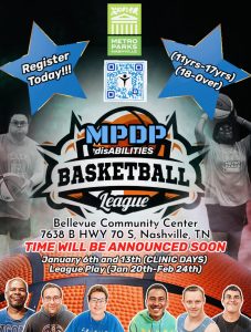 Image of Metro Parks Disability Programs (MPDP) with information about the Basketball League. A QR Code is at the top of the image.