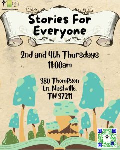 "Stories for Everyone" written in a scroll banner. "2nd and 4th Thursdays 11:00 am" is written on the bottom. QR code to the right.