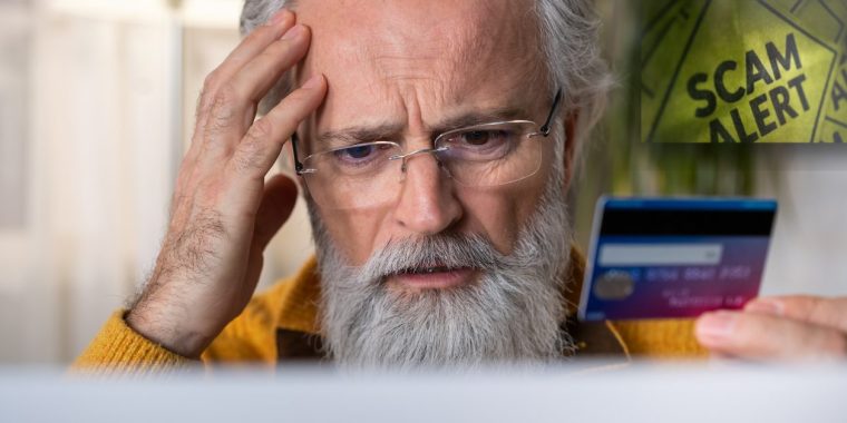 Image of a male aging adult with white hair and wearing a yellow top and clear glasses holding his head with his right hand and looking flustered. In front of him is a hand holding a credit card. On the top right of the image is a yellow and black graphic with text "scam alert."