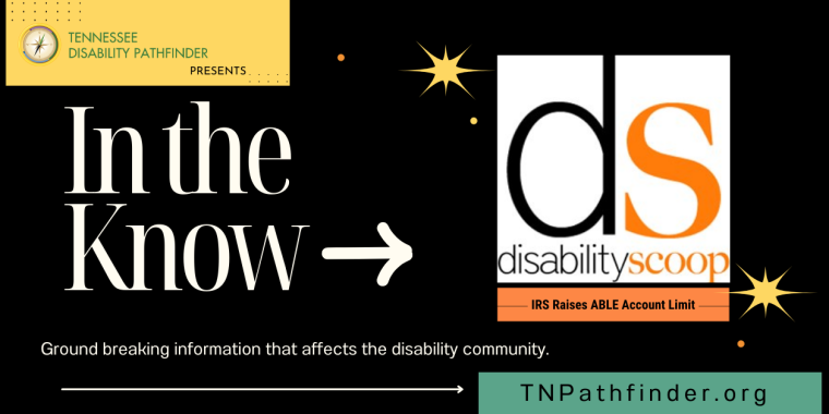 Pathfinder logo to the right. "In the know" to the left. An arrow points to the Disability Scoop logo.